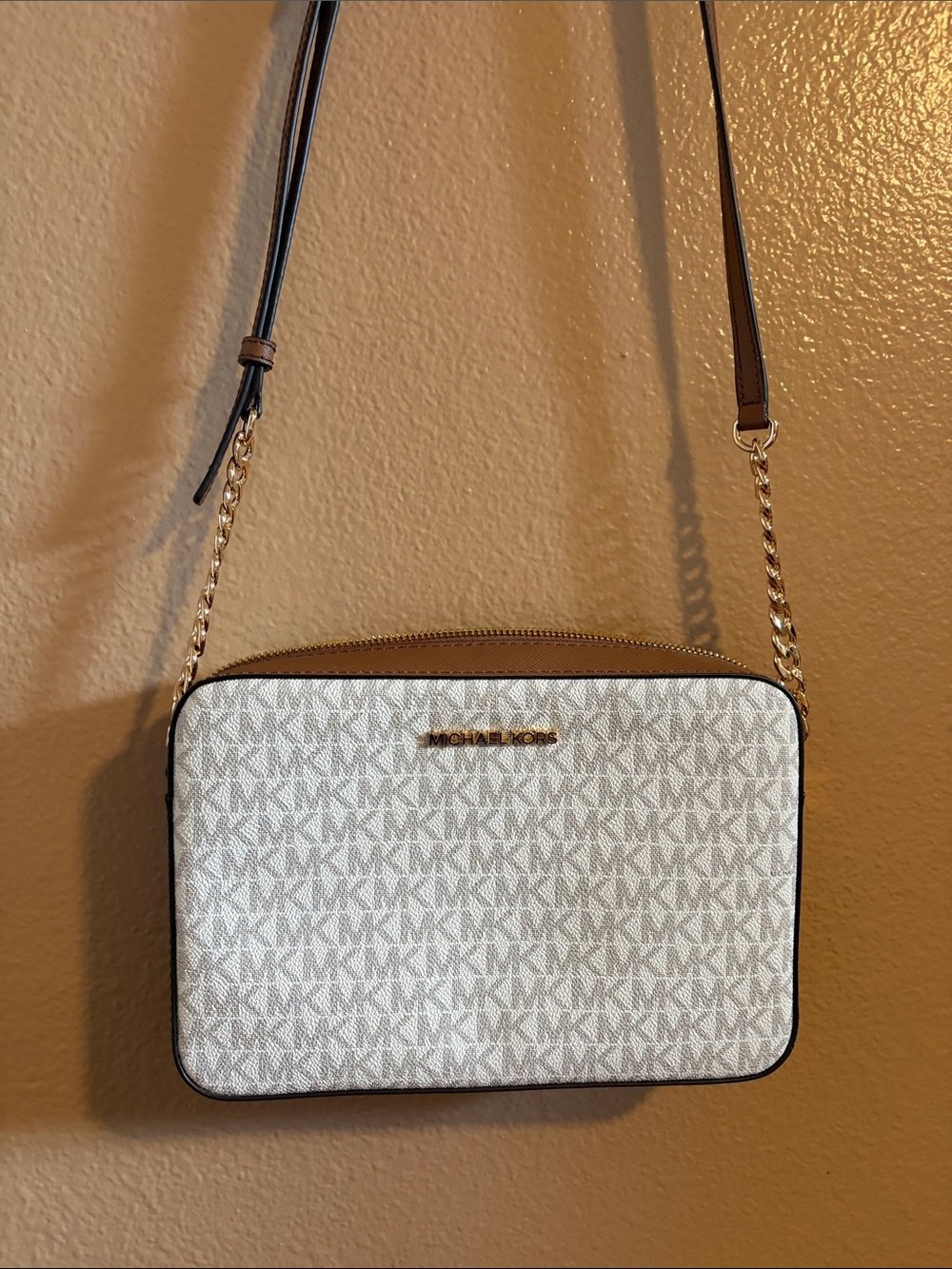 Michael Kors White and Tan Logo Crossbody with Gold Hardware